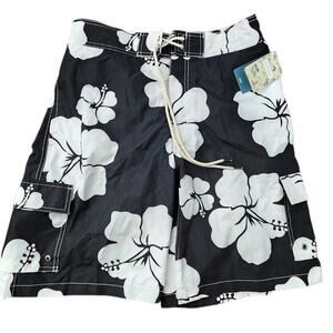 New Merona Men Swim Trunks Medium Men Board Shorts Hawaiian Floral Black White